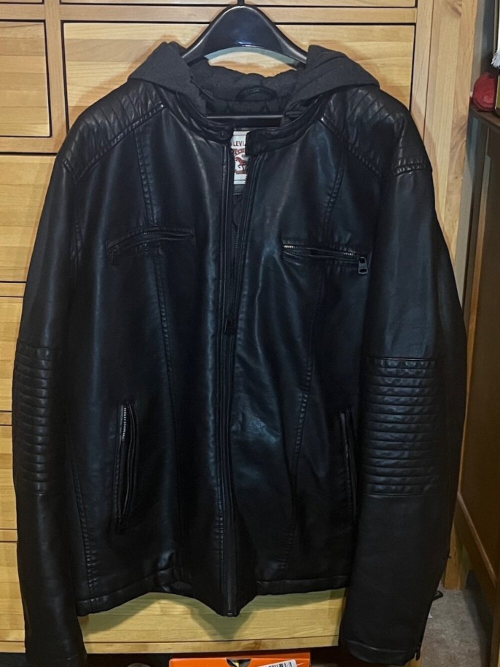 Faux Leather Bomber with Hood 2XL